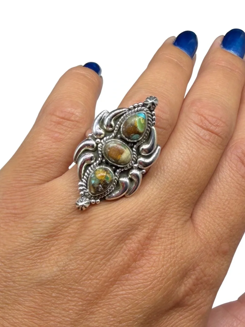 Royston Turquoise Ring Solid 925 Sterling Silver Adjustable Size 8 - 10.5